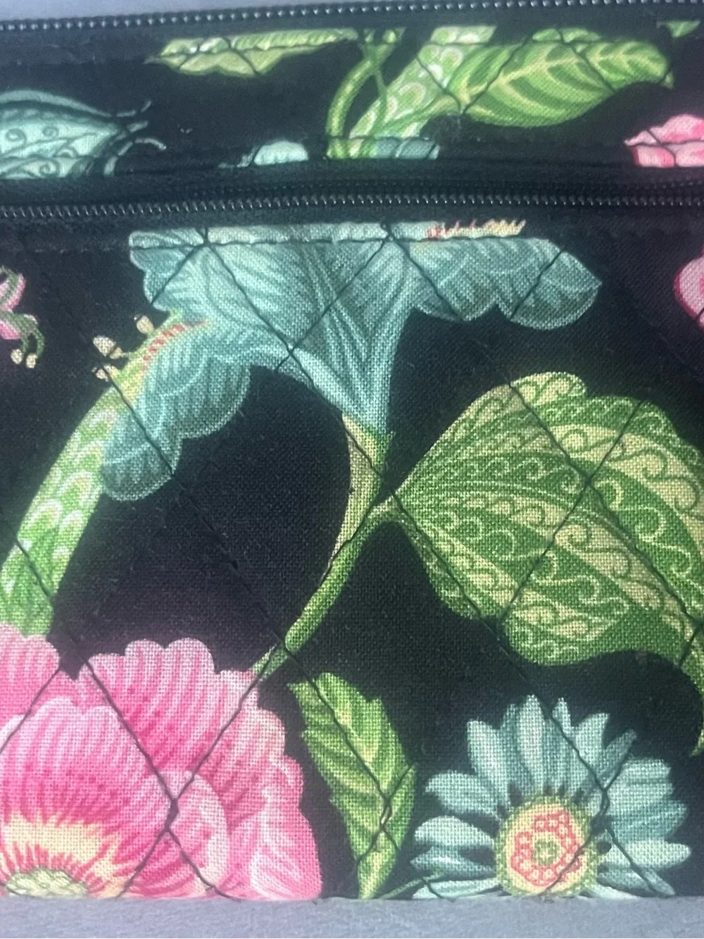 Vera Bradley Black Floral Zip Cosmetic Pouch with Pink & Green Blooms-Retired